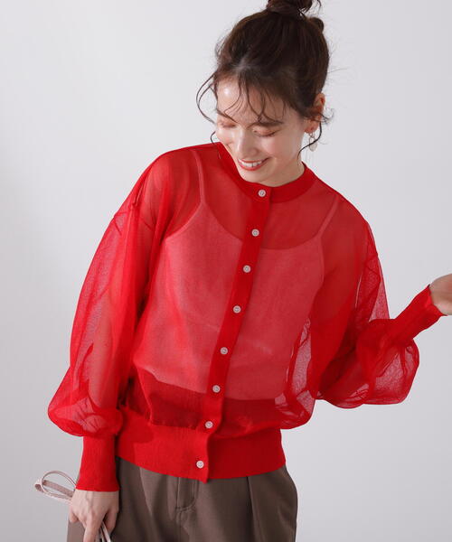 N.(N. Natural Beauty Basic)(エヌエヌナチュラルビューティーベーシック)の「◆クルーネックシアーカーディガン(カーディガン/ボレロ・レディース・ベージュ/レッド/オフホワイト・MEDIUM)」の5枚目の写真