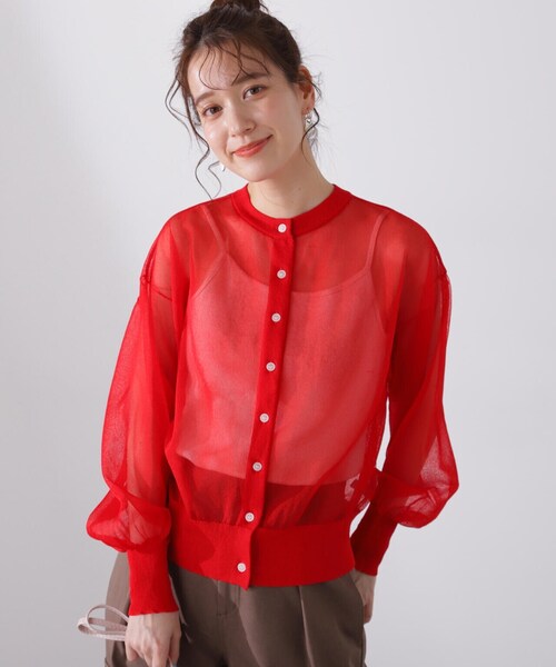 N.(N. Natural Beauty Basic)(エヌエヌナチュラルビューティーベーシック)の「◆クルーネックシアーカーディガン(カーディガン/ボレロ・レディース・ベージュ/レッド/オフホワイト・MEDIUM)」の6枚目の写真