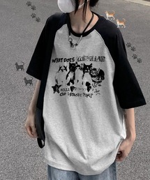 DEVICE（デバイス）の「猫ミーム キャット 韓国 古着風 Y2K ストリート ロゴ グラフィック ルーズ ラグラン 半袖 Tシャツ（Tシャツ/カットソー）」