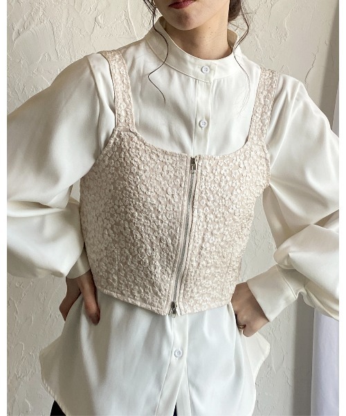 ダブルジップアップショート丈ふくれジャガードビスチェベスト（ベスト