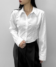 LVEU. | 【LVEU.】ウエストデザインクロップドシャツ / トップス シャツ ブラウス タイト タック 長袖 クロップド ショート ブラック ホワイト ブルー(シャツ/ブラウス)