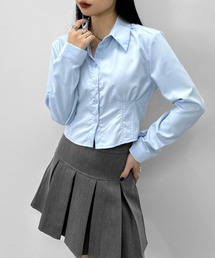【LVEU.】ウエストデザインクロップドシャツ / トップス シャツ ブラウス タイト タック 長袖 クロップド ショート ブラック ホワイト ブルー