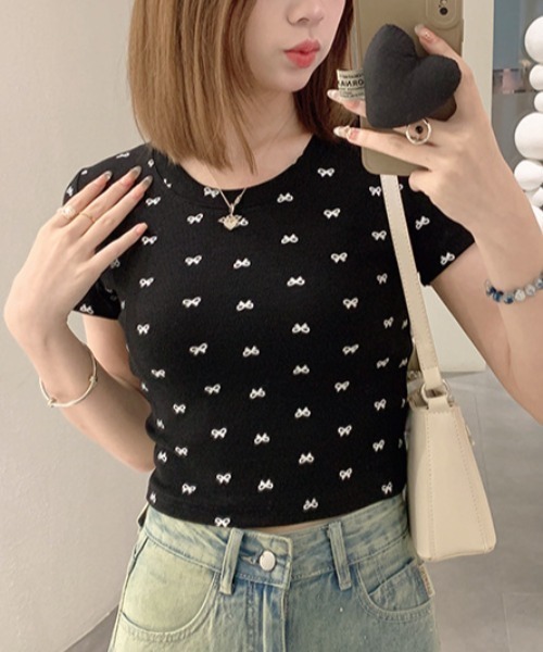 PIN(ピン)の「T/C MINI RIBBON TEE(Tシャツ/カットソー・レディース・グレー/ブラック/ホワイト・FREE)」の1枚目の写真