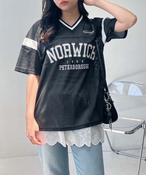 AS KNOW AS plus（アズノゥアズプラス）の「◎メッシュとラインロゴTシャツ（Tシャツ/カットソー・レディース・アイボリー/ブラック/ネイビー/アイボリー系/ネイビー系/ピンク系/サックスブルー系/ブラック系4/アイボリー系4/サックスブルー系4/ピンク系5/アイボリー系5/ネイビー系5/ネイビー系6/イエロー系6/ブラック系6/ホワイト系6・FREE）」の5枚目の写真