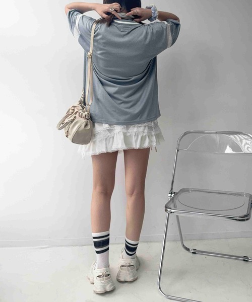 AS KNOW AS plus(アズノゥアズプラス)の「◎メッシュとラインロゴTシャツ(Tシャツ/カットソー・レディース・アイボリー/ブラック/ネイビー/アイボリー系/ネイビー系/ピンク系/サックスブルー系/ブラック系4/アイボリー系4/サックスブルー系4/ピンク系5/アイボリー系5/ネイビー系5/ネイビー系6/イエロー系6/ブラック系6/ホワイト系6・FREE)」の18枚目の写真
