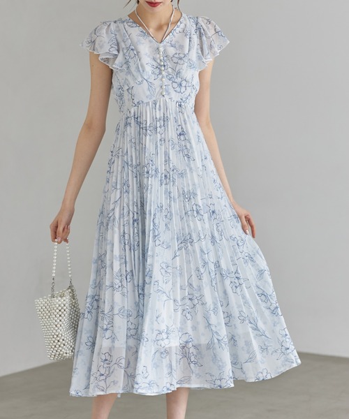 tocco closet（トッコ　クローゼット）の「パール付きネックリボン水彩ラインフラワープリーツワンピース（ワンピース・レディース・ブルー/ピンク/ブラック・M）」の8枚目の写真