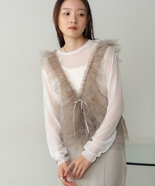 Bab（バブ）の「【オールシーズン】チュールギャザービスチェ（Tシャツ/カットソー・レディース・アイボリー/グレー・FREE）」の4枚目の写真