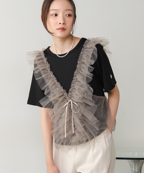 Bab（バブ）の「【オールシーズン】チュールギャザービスチェ（Tシャツ/カットソー・レディース・アイボリー/グレー・FREE）」の8枚目の写真