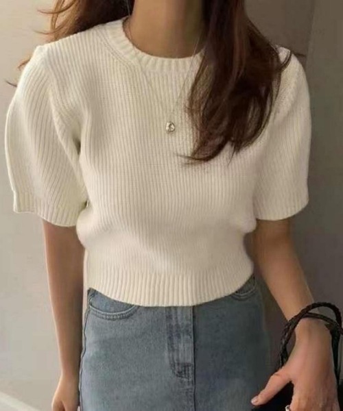 MAISON DE THERESE（メゾン ド テレーズ）の「クルーネック　半袖ニット/Tシャツ（ニット/セーター・レディース・ベージュ/ブラック/ホワイト/グリーン/ピンク/ネイビー・FREE）」の2枚目の写真