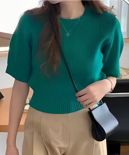 MAISON DE THERESE（メゾン ド テレーズ）の「クルーネック　半袖ニット/Tシャツ（ニット/セーター・レディース・ベージュ/ブラック/ホワイト/グリーン/ピンク/ネイビー・FREE）」の8枚目の写真