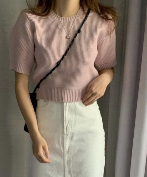 MAISON DE THERESE（メゾン ド テレーズ）の「クルーネック　半袖ニット/Tシャツ（ニット/セーター・レディース・ベージュ/ブラック/ホワイト/グリーン/ピンク/ネイビー・FREE）」の10枚目の写真