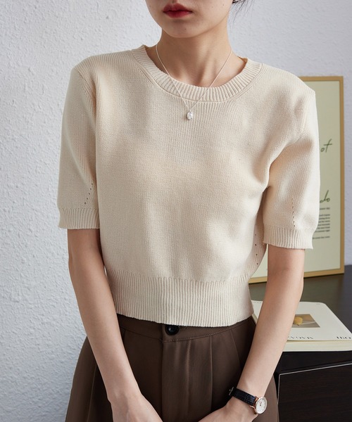 MAISON DE THERESE（メゾン ド テレーズ）の「クルーネック　半袖ニット/Tシャツ（ニット/セーター・レディース・ベージュ/ブラック/ホワイト/グリーン/ピンク/ネイビー・FREE）」の22枚目の写真
