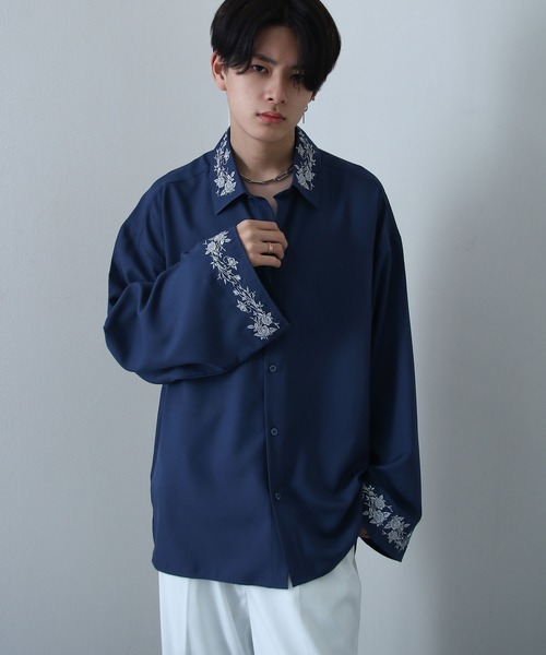 【PRADA】 men's 花柄モチーフブラウス ロングスリーブシャツ 花柄 デザイン フレアスリーブフラワー刺繍 長袖シャツ（シャツ