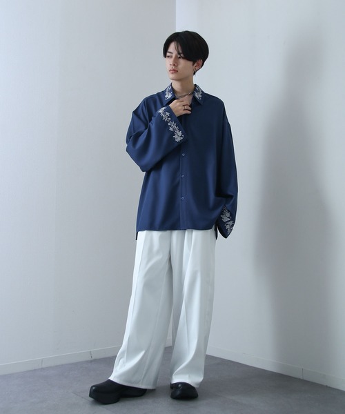 美品☆22SS 花柄プリント フレアスリーブ ブラウス ネイビー 36