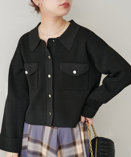 春服　ニット　黒 ステッチ付き　ニットジャケット　HARE 黒色 楽天市場】(M)ブランケットステッチSHニット HARE ハレ トップス