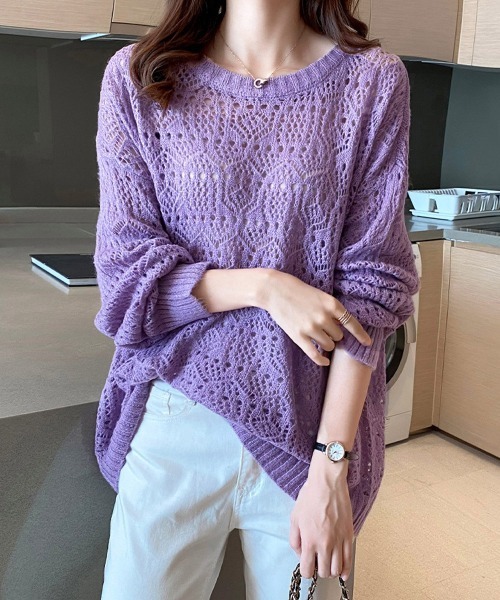 Miniministore(ミニミニストア)の「透かし編みニットトップス 長袖 春秋夏(ニット/セーター・レディース・オフホワイト/パープル/イエロー・FREE)」の1枚目の写真