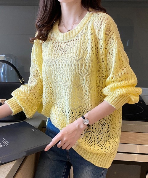 Miniministore(ミニミニストア)の「透かし編みニットトップス 長袖 春秋夏(ニット/セーター・レディース・オフホワイト/パープル/イエロー・FREE)」の2枚目の写真