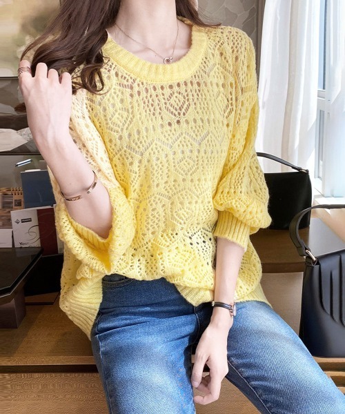Miniministore(ミニミニストア)の「透かし編みニットトップス 長袖 春秋夏(ニット/セーター・レディース・オフホワイト/パープル/イエロー・FREE)」の5枚目の写真