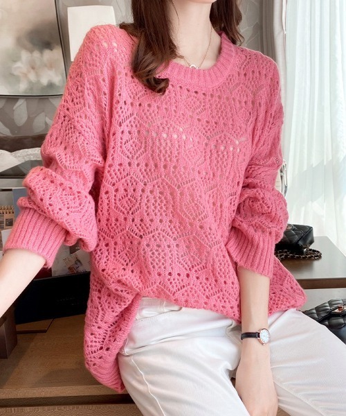 Miniministore(ミニミニストア)の「透かし編みニットトップス 長袖 春秋夏(ニット/セーター・レディース・オフホワイト/パープル/イエロー・FREE)」の6枚目の写真