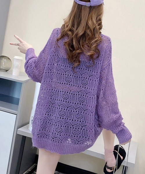 Miniministore(ミニミニストア)の「透かし編みニットトップス 長袖 春秋夏(ニット/セーター・レディース・オフホワイト/パープル/イエロー・FREE)」の7枚目の写真