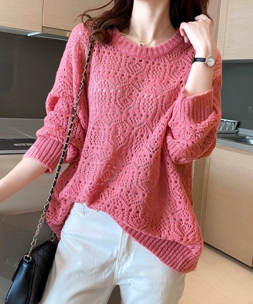 Miniministore(ミニミニストア)の「透かし編みニットトップス 長袖 春秋夏(ニット/セーター・レディース・オフホワイト/パープル/イエロー・FREE)」の17枚目の写真
