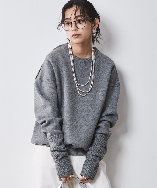 アームウォーマー付クルーネックニットプルオーバー ＜大きいサイズ有