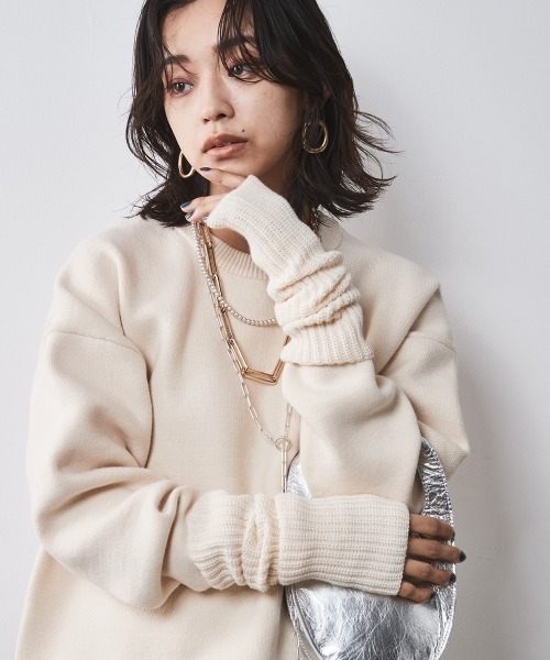 アームウォーマー付クルーネックニットプルオーバー ＜大きいサイズ有