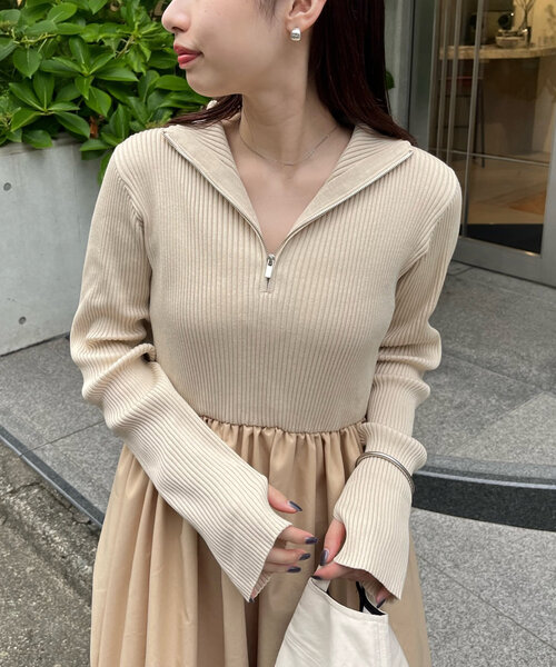 mline（エムライン）の「[mline]ハーフZIPロングワンピース（ワンピース・レディース・ネイビー/ベージュ・1/2）」の4枚目の写真