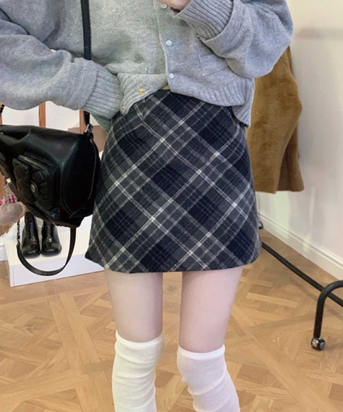 SPIGA（スピーガ）の「ﾊﾞｲﾔｽﾁｪｯｸ台形ﾐﾆSK（スカート・レディース・グレー/ブラウン・FREE）」の3枚目の写真