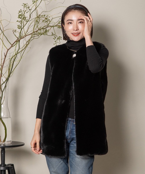 MHBG TOKYO(エムエイチビージートーキョー)の「ダイヤモチーフ リッチファー ロングベスト(ベスト・レディース・ブラック/グレー/モカ・FREE)」の22枚目の写真
