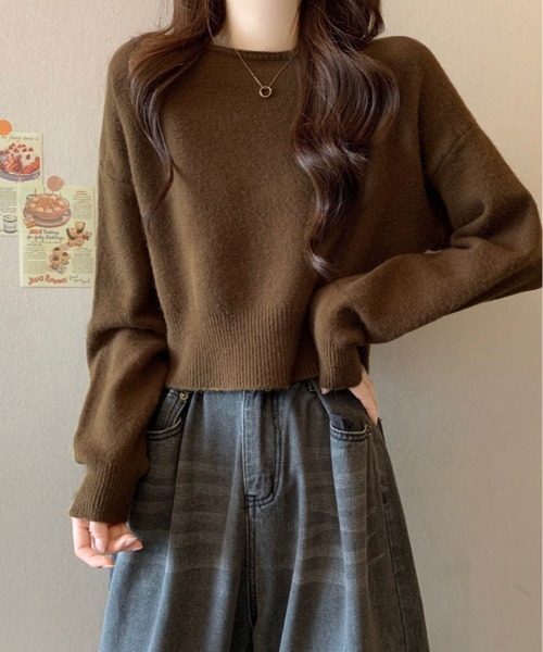 kirakiraShop(キラキラショップ)の「ボートネック ショート丈 ニット トップス(ニット/セーター・レディース・グレー/グリーン/ブラウン/ホワイト/パープル/ブラック・FREE)」の4枚目の写真