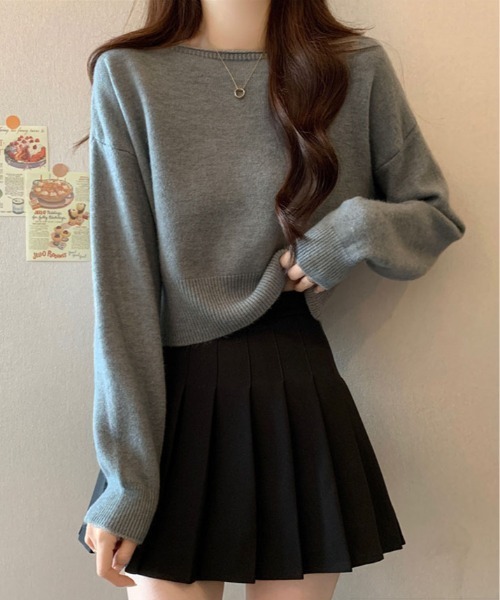 kirakiraShop(キラキラショップ)の「ボートネック ショート丈 ニット トップス(ニット/セーター・レディース・グレー/グリーン/ブラウン/ホワイト/パープル/ブラック・FREE)」の3枚目の写真