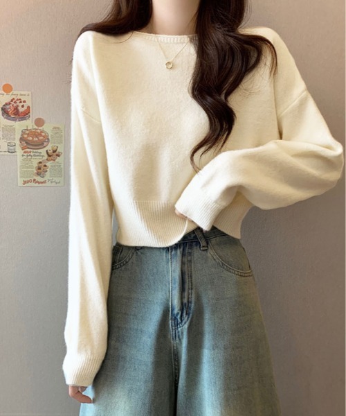 kirakiraShop(キラキラショップ)の「ボートネック ショート丈 ニット トップス(ニット/セーター・レディース・グレー/グリーン/ブラウン/ホワイト/パープル/ブラック・FREE)」の7枚目の写真