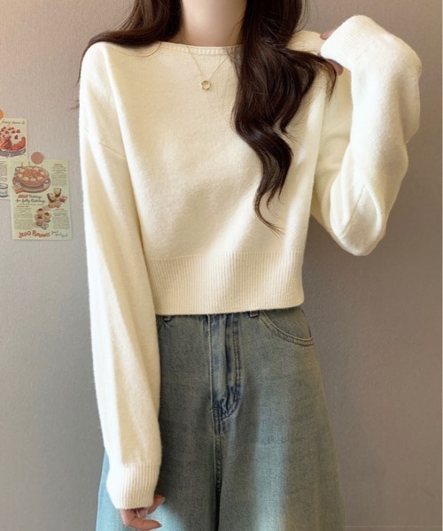 kirakiraShop(キラキラショップ)の「ボートネック ショート丈 ニット トップス(ニット/セーター・レディース・グレー/グリーン/ブラウン/ホワイト/パープル/ブラック・FREE)」の8枚目の写真