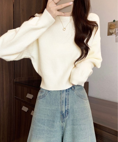 kirakiraShop(キラキラショップ)の「ボートネック ショート丈 ニット トップス(ニット/セーター・レディース・グレー/グリーン/ブラウン/ホワイト/パープル/ブラック・FREE)」の9枚目の写真