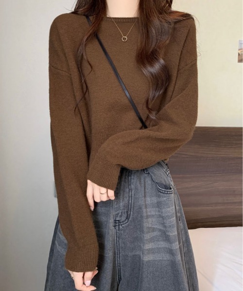 kirakiraShop(キラキラショップ)の「ボートネック ショート丈 ニット トップス(ニット/セーター・レディース・グレー/グリーン/ブラウン/ホワイト/パープル/ブラック・FREE)」の18枚目の写真