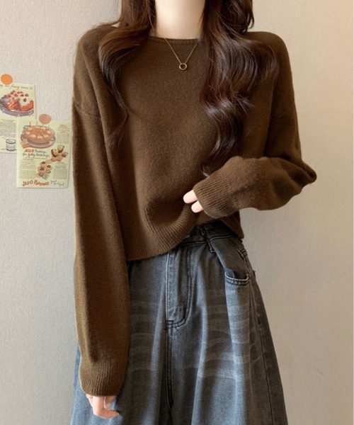 kirakiraShop(キラキラショップ)の「ボートネック ショート丈 ニット トップス(ニット/セーター・レディース・グレー/グリーン/ブラウン/ホワイト/パープル/ブラック・FREE)」の19枚目の写真
