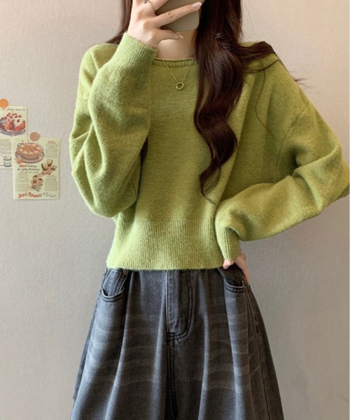 kirakiraShop(キラキラショップ)の「ボートネック ショート丈 ニット トップス(ニット/セーター・レディース・グレー/グリーン/ブラウン/ホワイト/パープル/ブラック・FREE)」の21枚目の写真