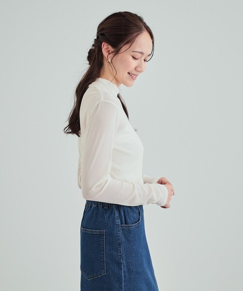 SHOO・LA・RUE（シューラルー）の「チュールストライプハイネック（Tシャツ/カットソー・レディース・チャコール/アイボリー系2/モスグリーン系2・04/01/02/03）」の5枚目の写真