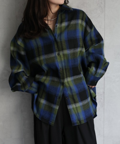 ap retro(アプレトロ)の「オンブレチェックオーバーシャツ / ネルシャツ(シャツ/ブラウス・レディース・ブラック/ブラウン/ライトベージュ/ボルドー/ブルー/オフホワイト/アイボリー/ベージュ/ブルー系その他/オレンジ・FREE)」の8枚目の写真