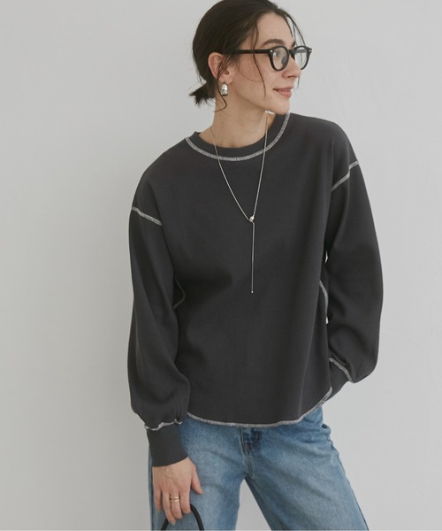 ANGIE(アンジー)の「配色ステッチ ワッフル ロンT(Tシャツ/カットソー・レディース・ライトベージュ/チャコールグレー/杢グレー/ホワイト/オートミール・FREE)」の2枚目の写真