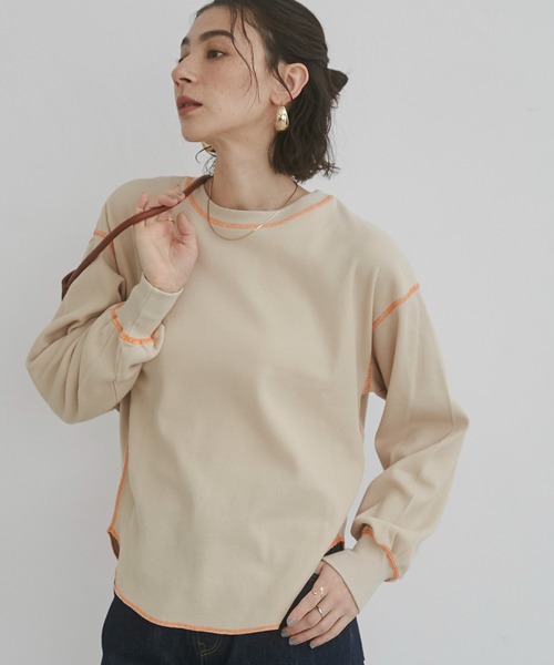 Thug Clubアイボリー ワッフル生地 長袖トップス セール】配色ステッチ ワッフル ロンT（Tシャツ/カットソー
