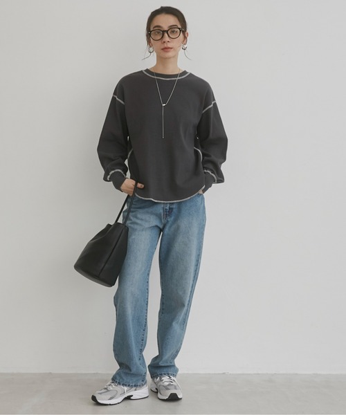 ANGIE(アンジー)の「配色ステッチ ワッフル ロンT(Tシャツ/カットソー・レディース・ライトベージュ/チャコールグレー/杢グレー/ホワイト/オートミール・FREE)」の11枚目の写真