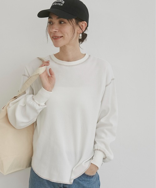Thug Clubアイボリー ワッフル生地 長袖トップス セール】配色ステッチ ワッフル ロンT（Tシャツ/カットソー