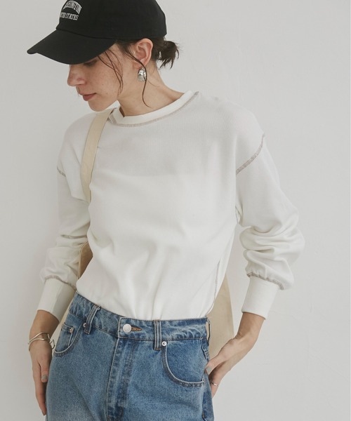 ANGIE(アンジー)の「配色ステッチ ワッフル ロンT(Tシャツ/カットソー・レディース・ライトベージュ/チャコールグレー/杢グレー/ホワイト/オートミール・FREE)」の6枚目の写真