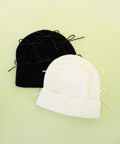 Casselini（キャセリーニ）の「Casselini(キャセリーニ)リボンデコレーションワッチ（ニットキャップ/ビーニー・レディース・オフホワイト/ブラック・FREE）」の2枚目の写真