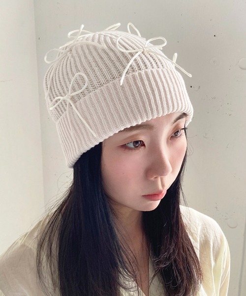 Casselini（キャセリーニ）の「Casselini(キャセリーニ)リボンデコレーションワッチ（ニットキャップ/ビーニー・レディース・オフホワイト/ブラック・FREE）」の3枚目の写真