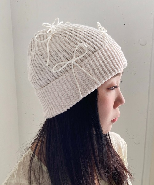 Casselini（キャセリーニ）の「Casselini(キャセリーニ)リボンデコレーションワッチ（ニットキャップ/ビーニー・レディース・オフホワイト/ブラック・FREE）」の4枚目の写真