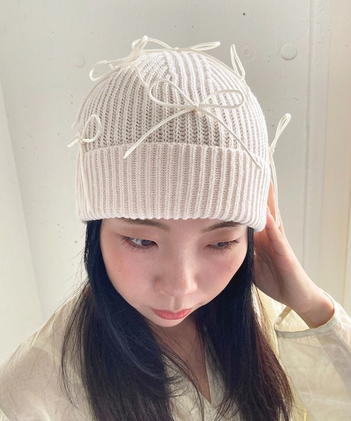 Casselini（キャセリーニ）の「Casselini(キャセリーニ)リボンデコレーションワッチ（ニットキャップ/ビーニー・レディース・オフホワイト/ブラック・FREE）」の5枚目の写真