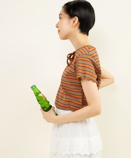 tシャツ マルチボーダーテレコ パイピングリボンプルオーバー レディース CHILD WOMAN tシャツ マルチボーダーテレコ パイピングリボン